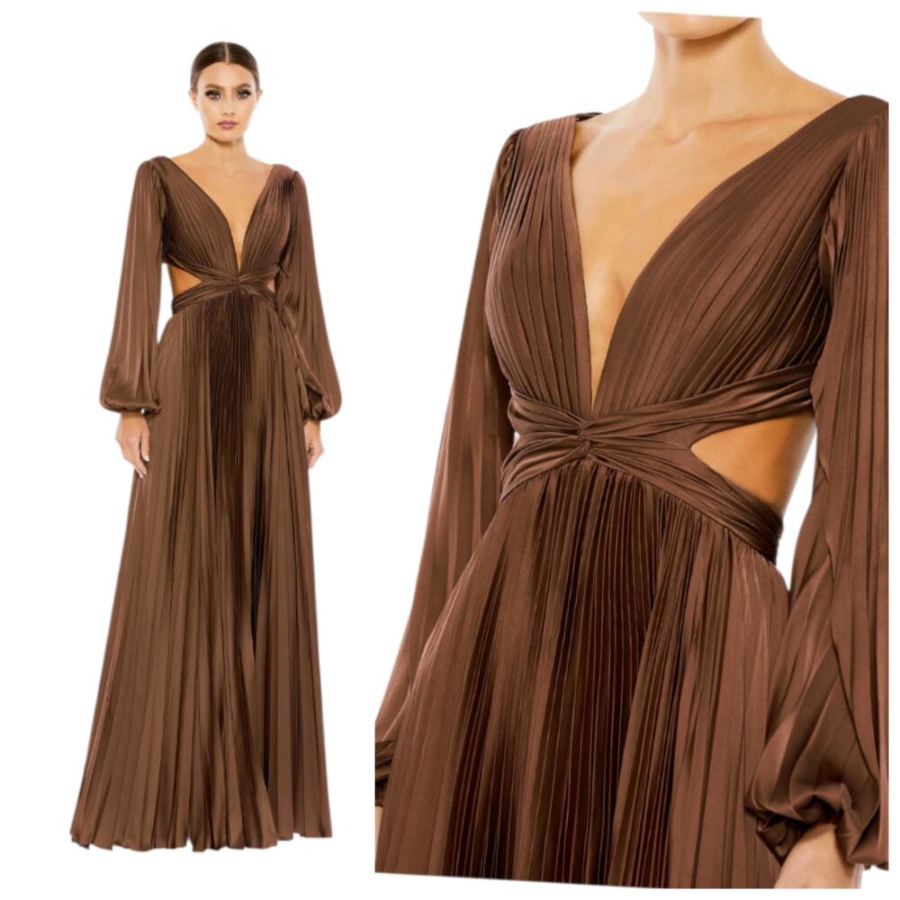 Mac Duggal 26737 Espresso Brown Satin Plunge V Neck Open Back Dress Gown 6
